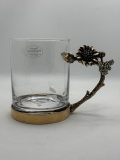 Qualia Glass Antique Gold Flower Stalk Handle Mug with a jeweled bee new wot Box