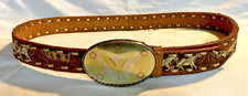 Western Hand Tooled Horses Leather Belt  Eagle Buckle USA 33.5" - 36.5"