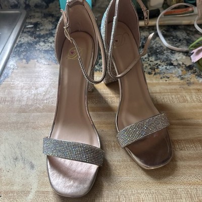 Sparkly Golden Heels Size 8.5 Women's Shoes Open Toe Ankle Strap Party Prom