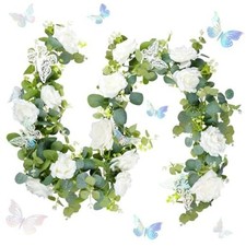 2PCS 13Ft Artificial Eucalyptus Garland with Flowers- 6 Fake Rose Flower White