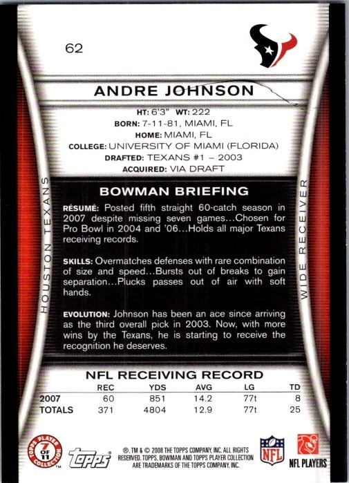 2008 Bowman #62 Andre Johnson - Image 2 of 2