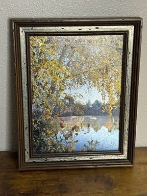 Vintage Metal Etching Lake Scenery Art Print Canoe England Framed