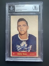 BOBBY BAUN SIGNED AUTOGRAPHED 1957-58 PARKHURST ROOKIE CARD BECKETT MAPLE LEAFS