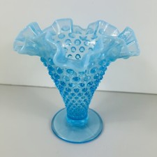 Vintage Opalescent Aqua Blue Glass Hobnail Vase Fluted Ruffled Edge Footed 5.75"