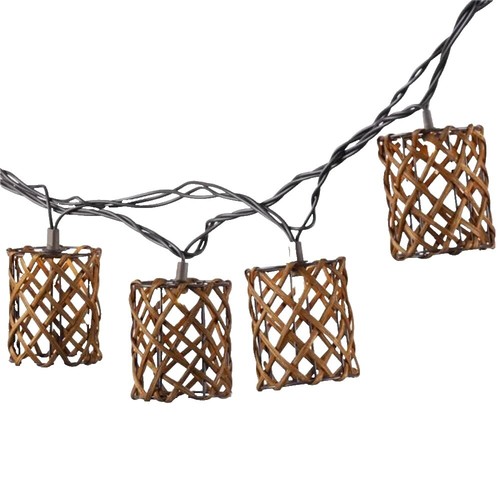 Natural Rattan String Lights - 10 Rustic Cage Lanterns, 13 Ft Plug-in Outdoor Decor