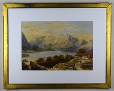 Washing day, cottage on shore of Lake Windermere. Original watercolour c1890