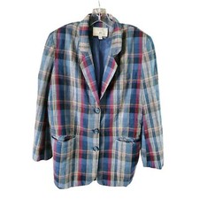Vintage Compagnie Internationale Express Blue Plaid Linen Blend Blazer Jacket M