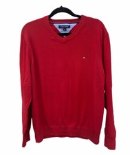 Tommy Hilfiger Jumper Mens Large L V-Neck Red Thin Soft Smart Classic Sweater