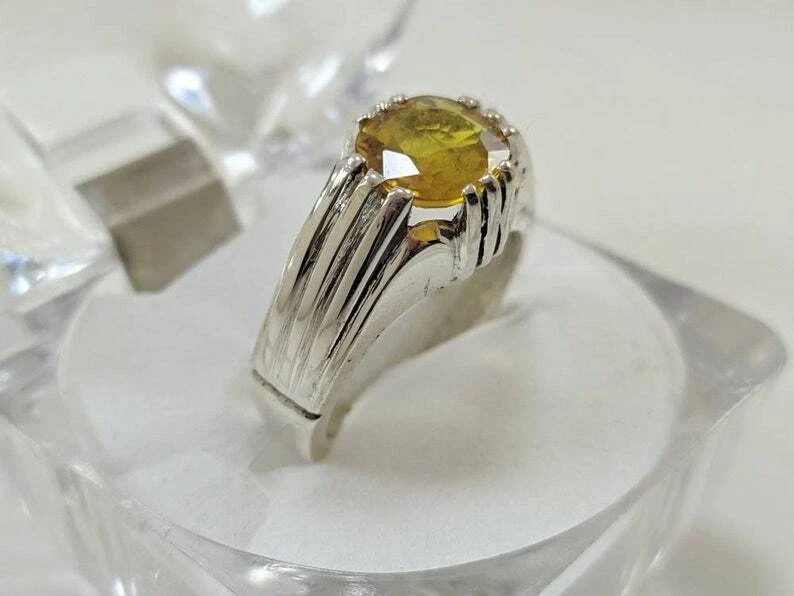 Anillo de piedra de zafiro amarillo para hombre piedras preciosas auténticas talla 9 plata de ley 925 Foto 3 de 4