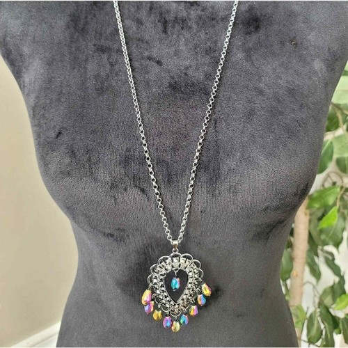 Long Pewter Iridescent Fashion Necklace
