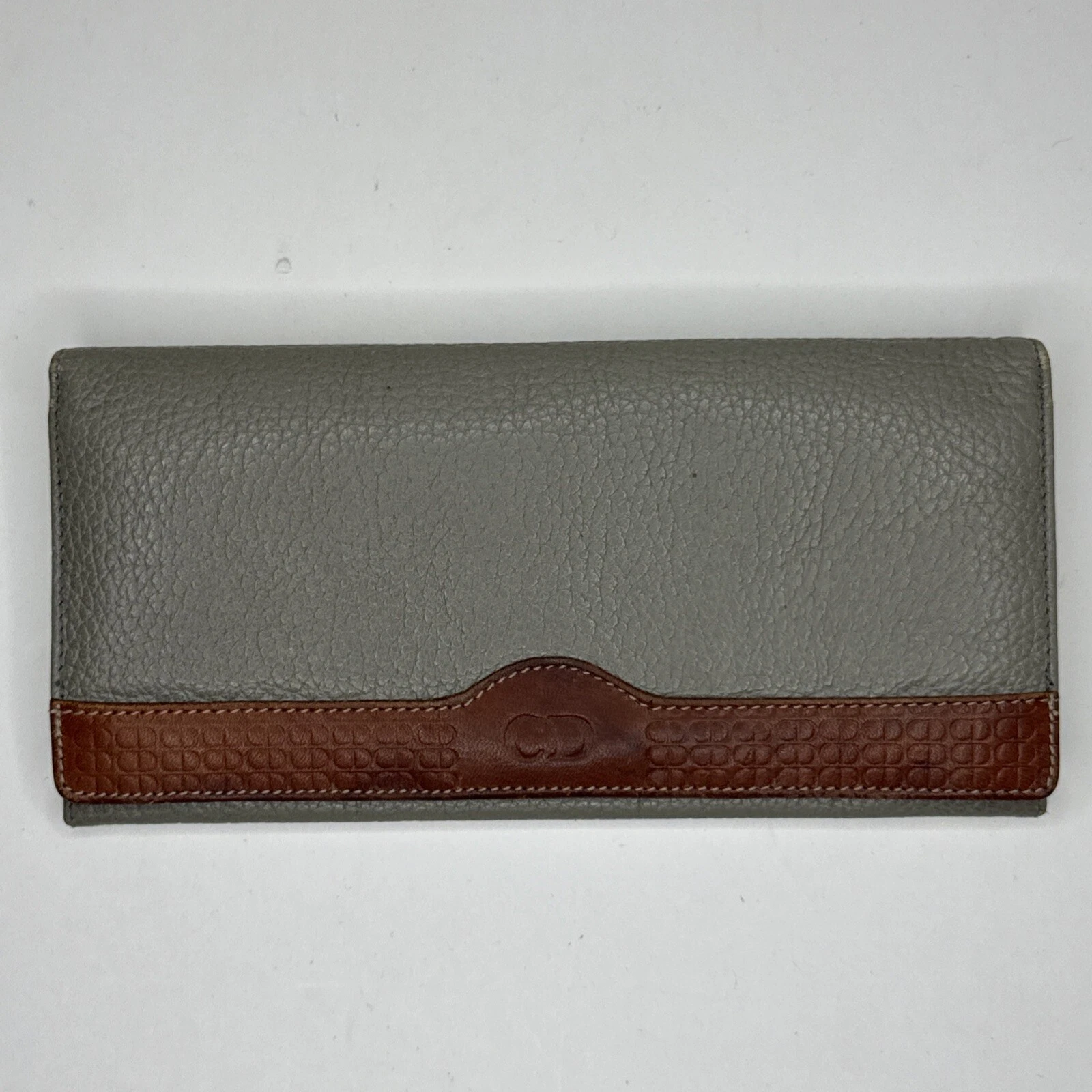Portefeuille long vintage Christian Dior double pli cuir gris moka avec pochette monnaie