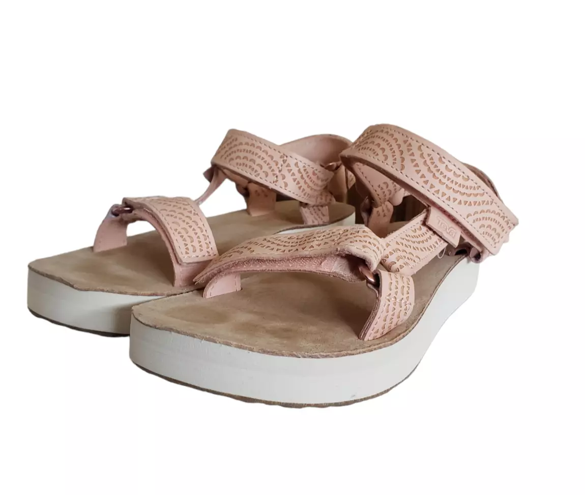 TEVA MIDFORM UNIVERSAL GEOMETRIC LEATHER TROPICAL PEACH SANDALS WOMENS SIZE 5