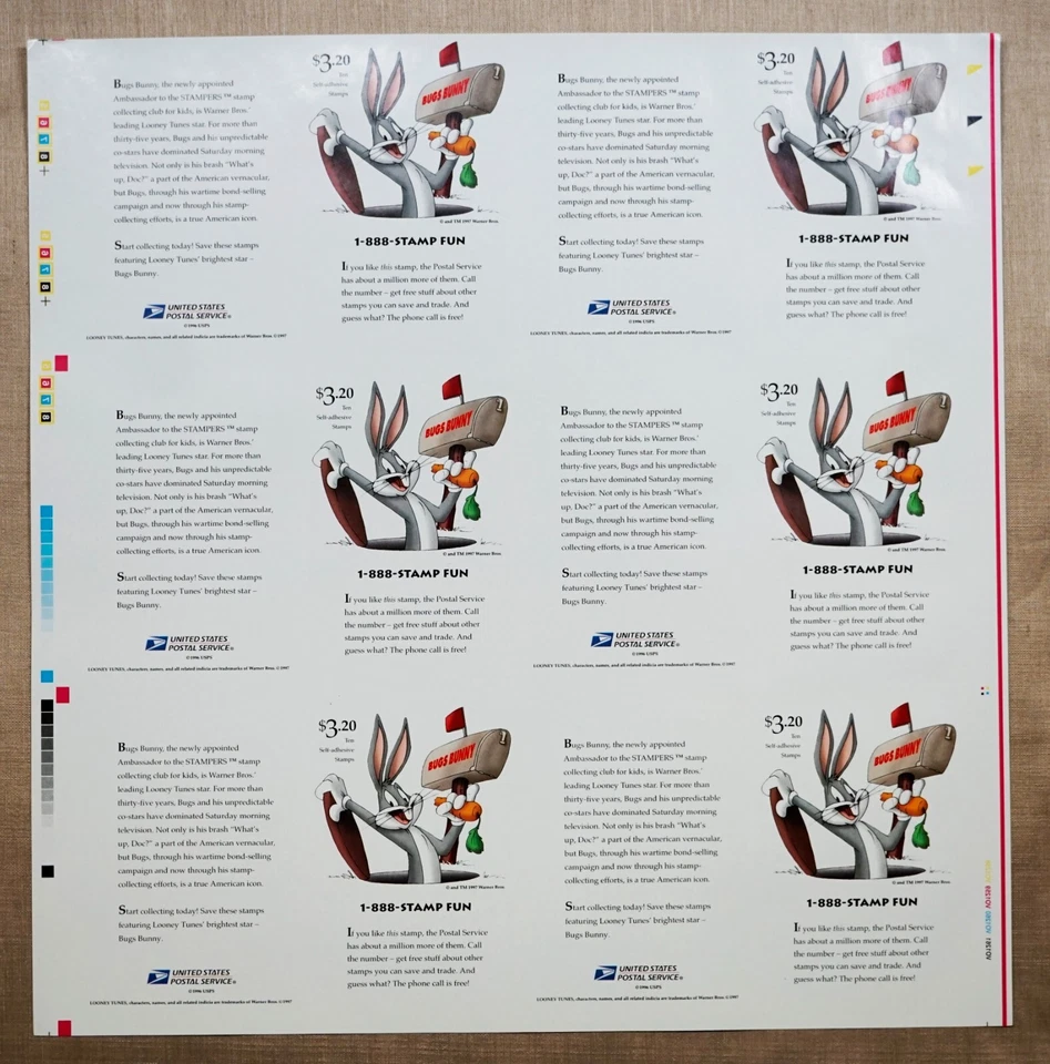 Bugs Bunny 1997 #3137 Uncut Press Sheet of 60 / 32c Stamps plus 2 BONUS items - Image 3 of 4