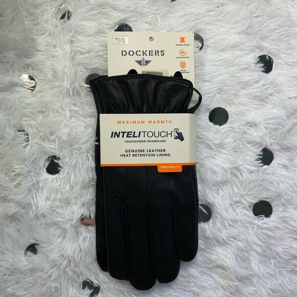 Men's Dockers InteliTouch Black Leather Gloves ~ Size Large ~ NWT ~ Free Ship!