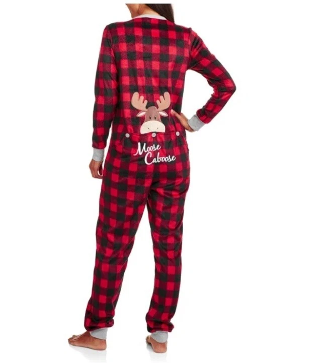 Faded Glory Woman’s Small One Piece Pajamas Fleece Red Plaid Moose Themed - Image 2 of 4