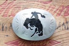Vtg Johnson Held Hand Made Saddle Bronc Inlay Cowboy Belt Buckle