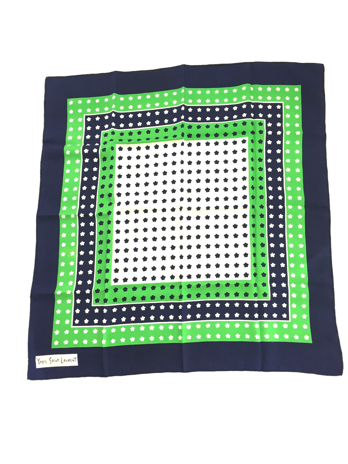 Sciarpa Twill Vintage Yves Saint Laurent blu navy verde stampa piccolo fiore seta