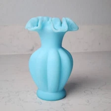 Fenton Mate Blue Satin Glass Vase Ruffled Top Melon Style
