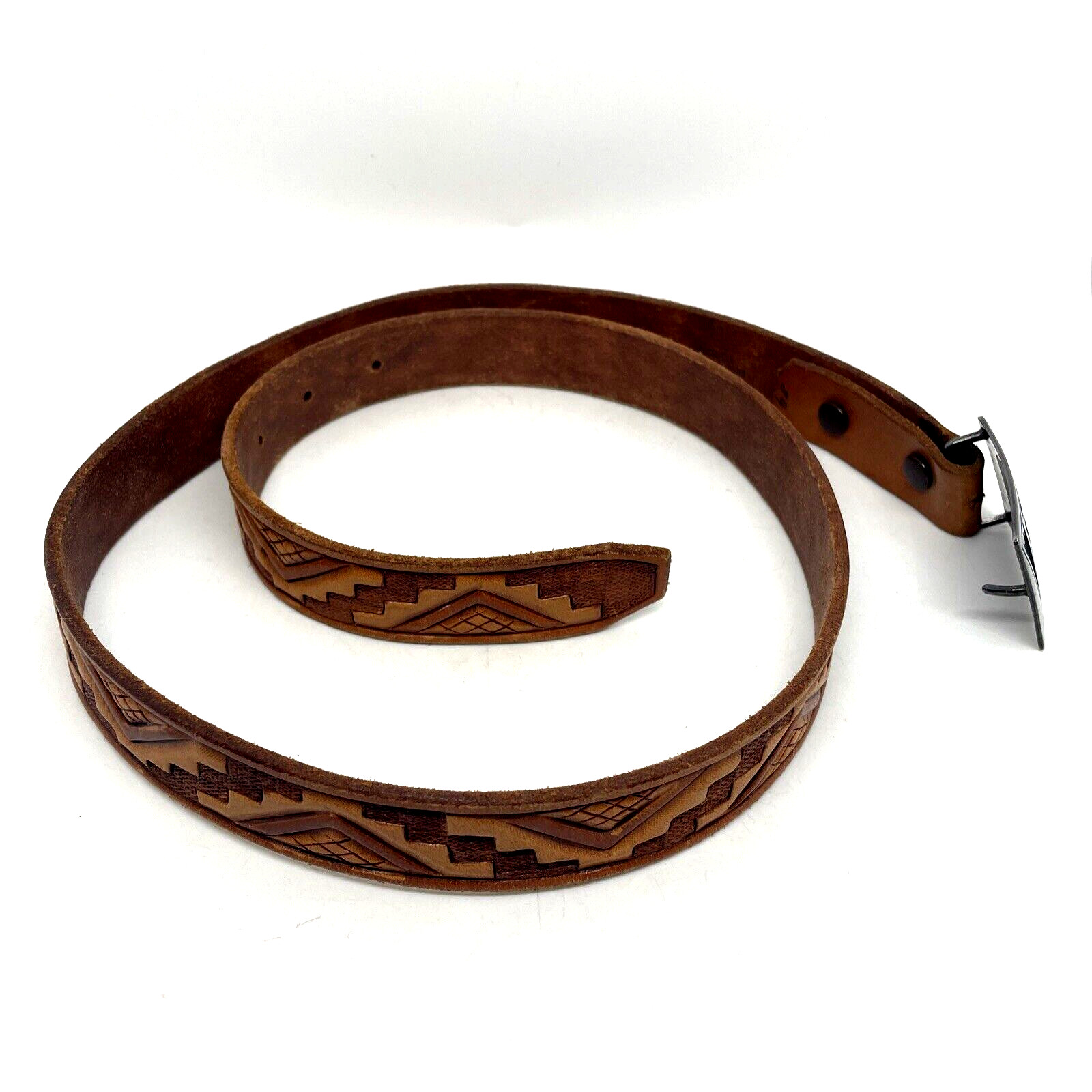 Native American Hand Tooled Western Leather Belt 34 B Gem native-american-hand-tooled-western-leather-belt-34-b-gem