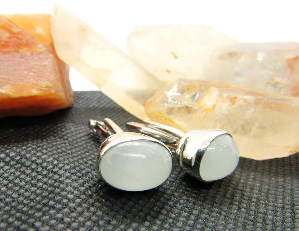 Gemelos hechos a mano con piedra lunar natural plata de ley 925 y ajuste cerrado Foto 2 de 3