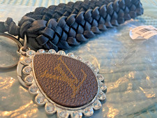 New LV LOUIS VUITTON leather braided black Bag Charm Keychain up-cycled bling
