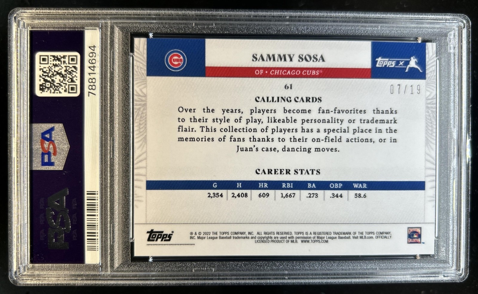 2022 Topps x Juan Soto Sammy Sosa Blue #/19 Cubs PSA 10 GEM MINT view 2