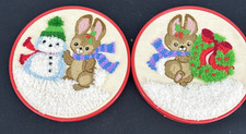 Christmas Needlepoint Decor Snowman Bunny Rabbit Wall Hanging 7" Lot of 2
