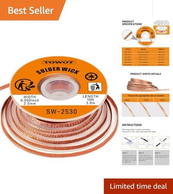 Versatile 10ft Solder Wick Braid Tool - Copper, No-Clean, Low Residue Design