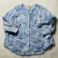 Ruby Rd. Womens Blue Long Sleeve Embroidered Eyelet Button Up Blouse Size 3X