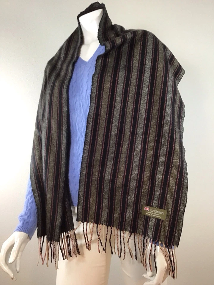 Bufanda 100 % cachemir hecha en Escocia negra/gris patrón de rayas mulvti Foto 3 de 4