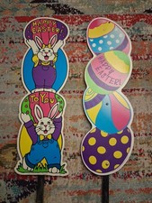 Vintage Easter Yard Decor Decorations 26" Signs w Stakes Plastic Yard Art 1999