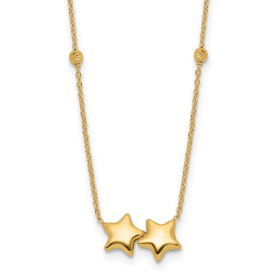 14K Gelbgold Diamantschliff Perlen Doppel Stern Halskette 16'' mit 2 Zoll ext. 2,32gm