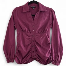 I.N Studio Y2K Button Up Ruched Long Sleeve Collared Collared Dressy Top Vneck S