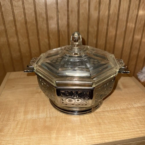 VTG Art Deco Chrome Pyrex 672 Glass Casserole Serving Dish & Lid Etched Octagon