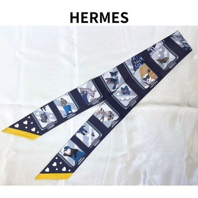 condition Hermes Twilly scarf Story in navy and gold multi 100 silk Used In Japa