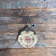 Antique Tapestry Evening Purse   Ornate Frame, Floral Needlework, Lilac Satin