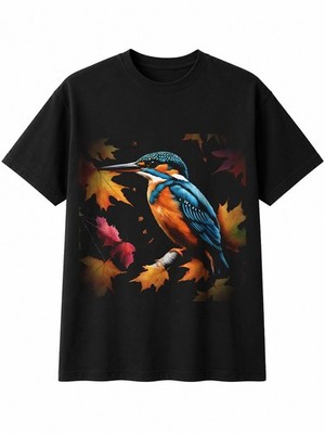 Eisvogel im Herbst Vogel Herren T-Shirt schwarz 100% Baumwolle Ornithologie Grafik Tee