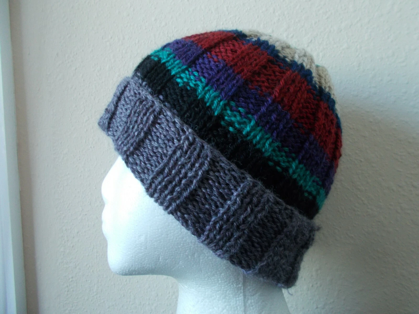 Hand knitted cozy & warm alpaca/wool/acrylic beanie/hat, striped (small)
