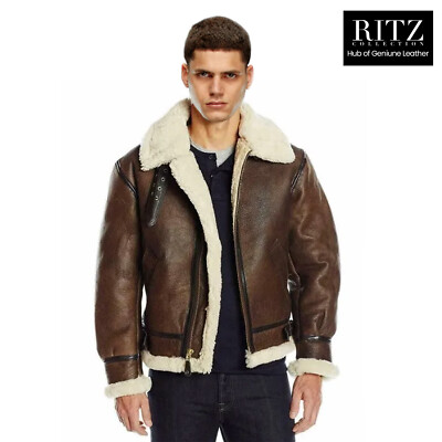 Men's Brown RAF Aviator B3 Bomber Fur Shearling Winter Real