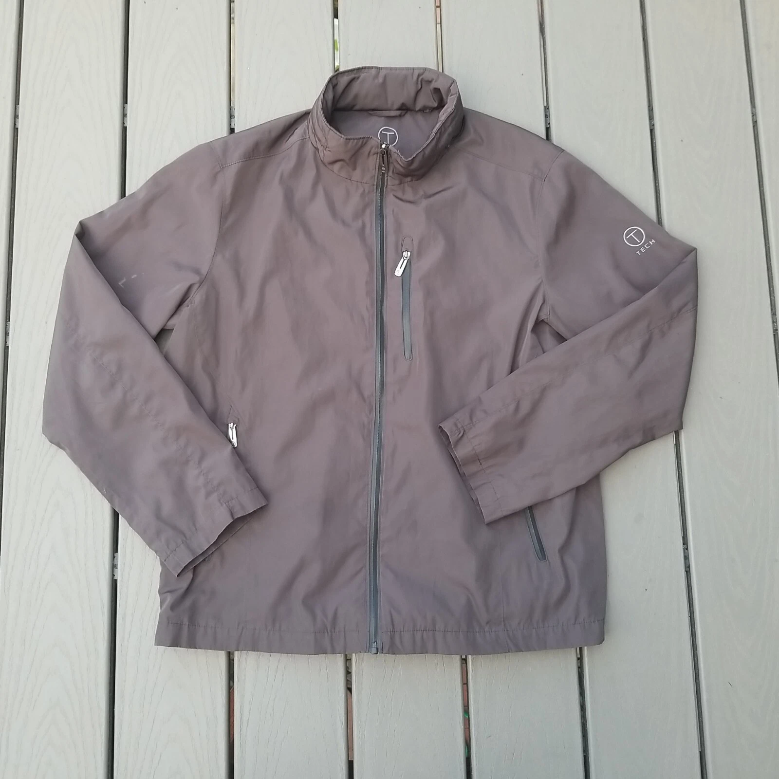 TUMI Tech Mens Jacket Full Zip Packable Hood Dark Gray Large Windbreaker