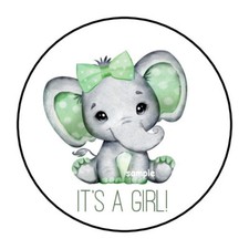 30 IT'S A GIRL GREEN BABY ELEPHANT ENVELOPE SEALS LABELS STICKERS 1.5" ROUND