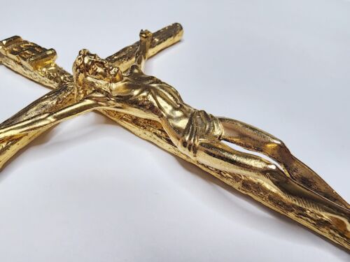 Large Crucifix Cross Detailed Gold Tone Metal 8" Tall Heavy Made in Italy