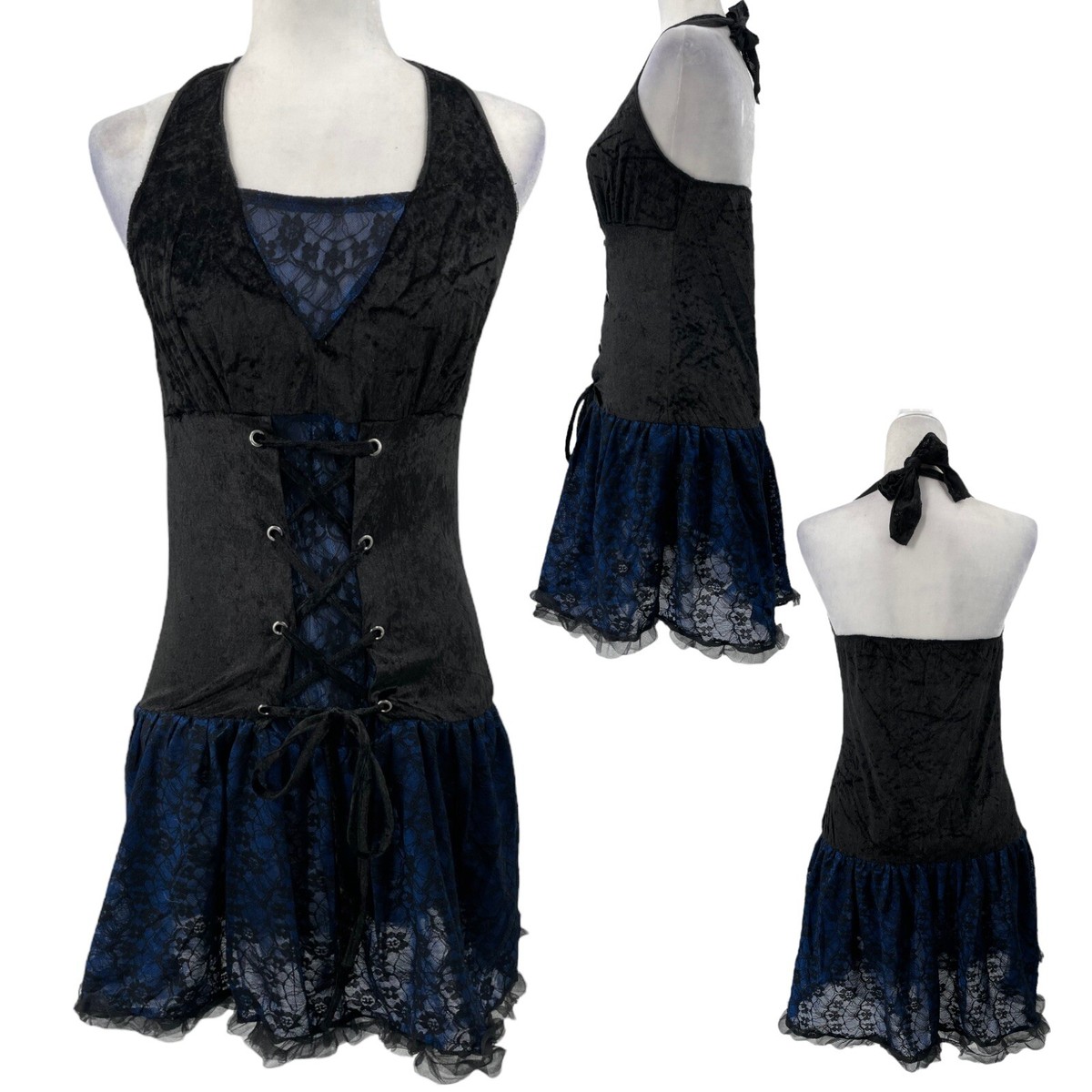 Velvet Halter Coset Dress Blue Black Lace Costume Vampire Cosplay Junior 11-13 Velvet Halter Coset Dress Blue Black Lace Costume Vampire Cosplay Junior 11-13