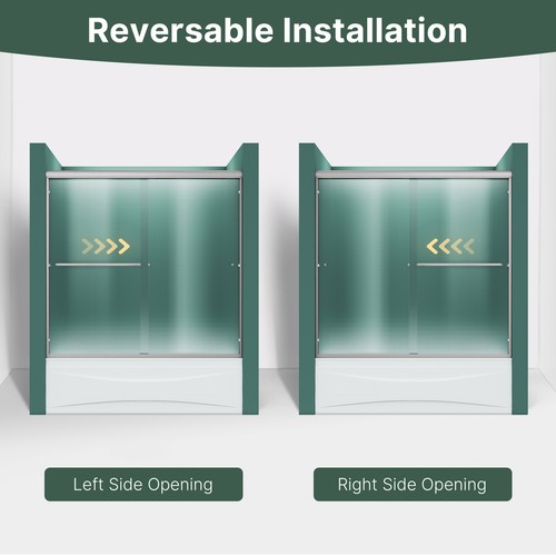 ELEGANT 60" W x 57.4'' H Sliding Shower Tub Door 1/4" Frosted Glass in Brushed - Picture 10 of 14