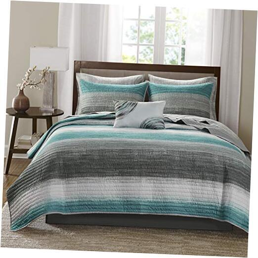Saben Essentials Cozy Queen Bedding Set - 90x90 Inch Striped Aqua Coverlet with 8-Piece Collection, Soft and Stylish Bedspread for Ultimate Comfort