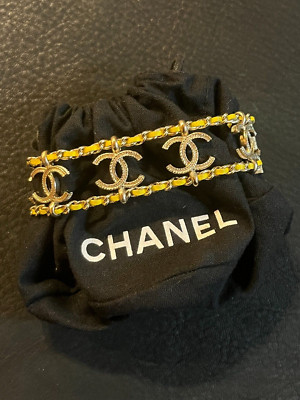 CHANEL Bracelet Bangle AUTH Coco CC Vintage Rare Logo Leather Gp Yellow ...
