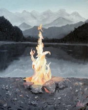 Stunning Oil Painting. ORIGINAL. Signed. Bonfire by the lake. Impressionist art