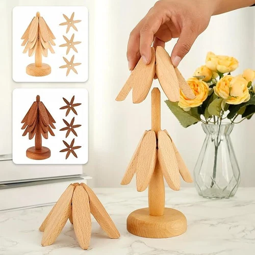 Tree Shape Wooden Trivets for Hot Dishes Pot Teapot - 3 Wooden Trivet + 1 Stand - Picture 2 of 12