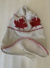 Winter Knitted Beanies Ear Flaps Braided Tassels Pompom top Red/Cream Canada
