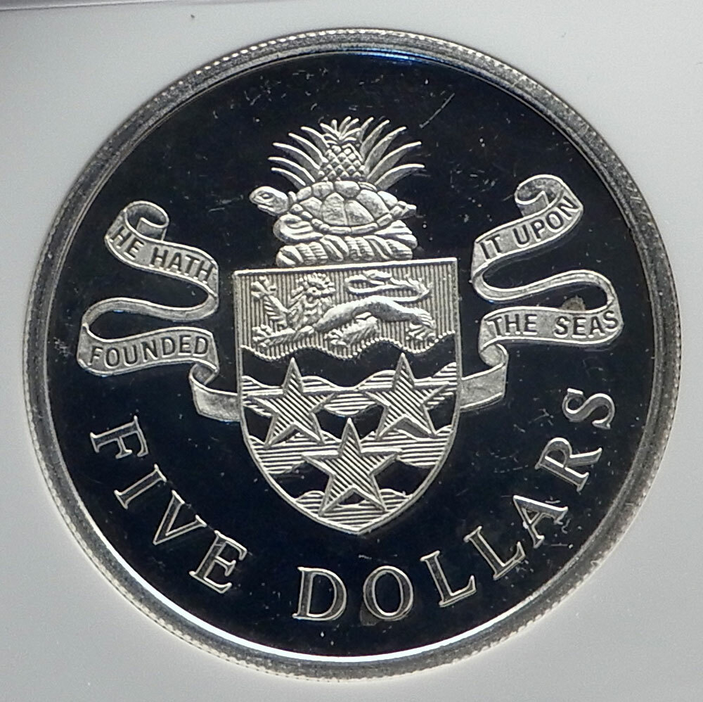 1974 CAYMAN ISLANDS 4.2cm Proof Silver $5 Coin w Queen Elizabeth